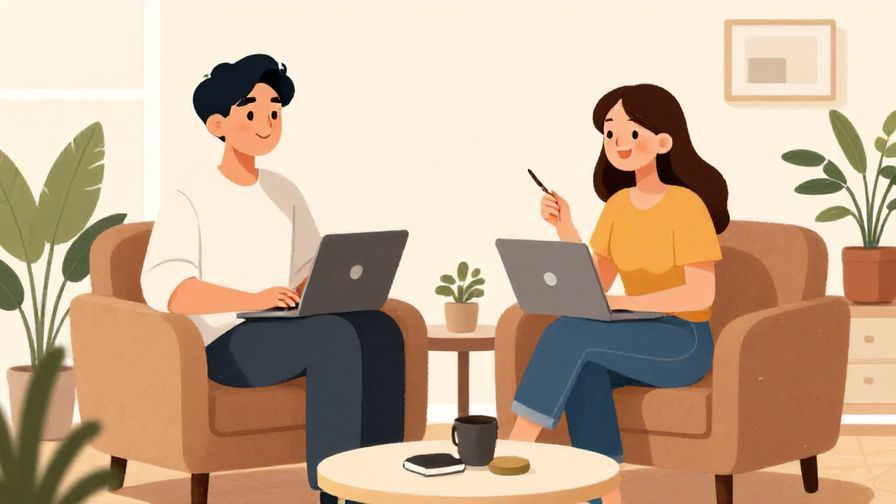 Illustration of two young coworkers joking and relaxing after work, casual office lounge