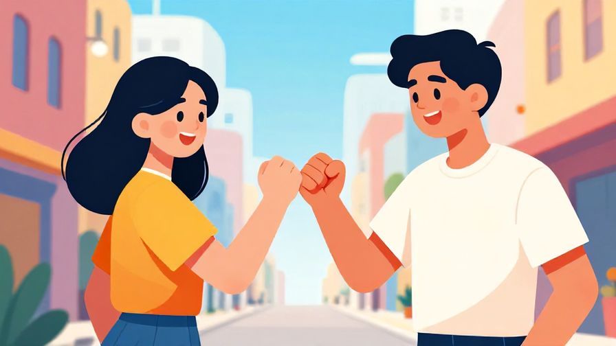 Illustration of two young friends giving a confident fist bump, bright urban background, vibrant colors, illustrated style