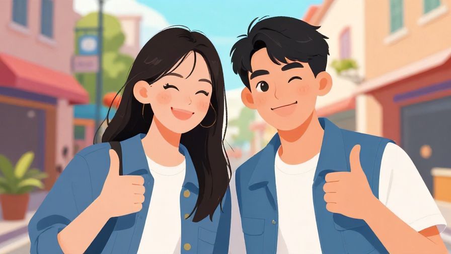 Illustration of two young friends giving a playful wink and thumbs up, colorful street background, casual vibe