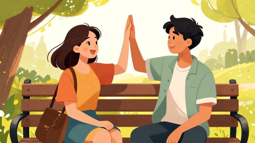 Illustration of two young friends laughing and giving a high-five, sitting on a park bench with vibrant sunlight, illustrated style