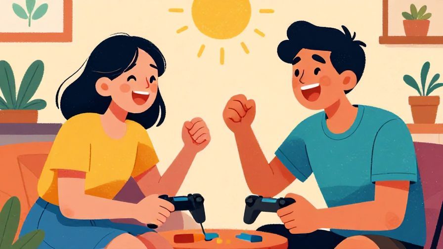 Illustration of two young friends laughing and playing a video game together indoors, vibrant colors, illustrated style