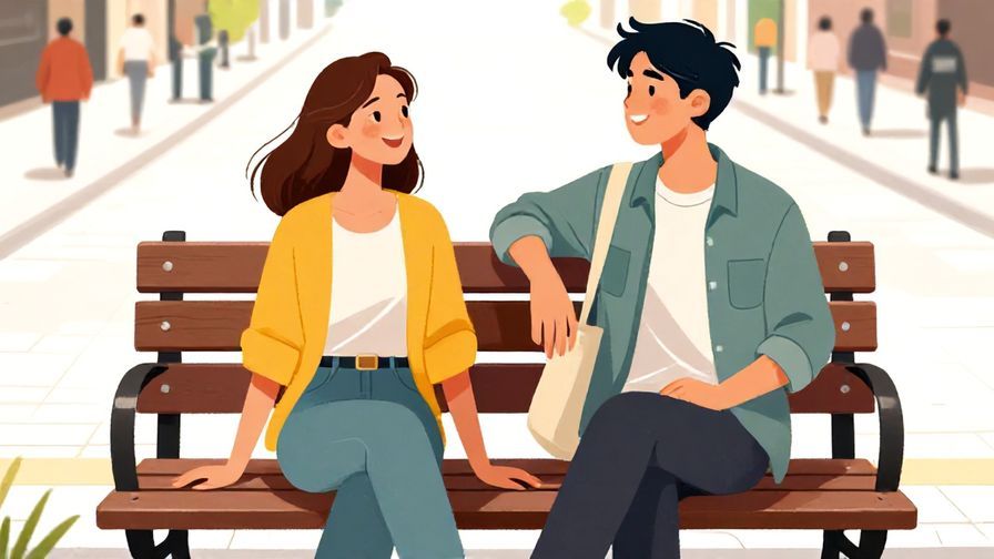 Illustration of two young friends laughing and relaxing on a bench, casual street scene, bright colors, illustrated style