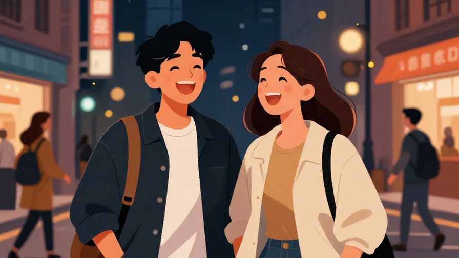 Illustration of two young friends laughing loudly on a street corner as another friend arrives, urban night scene