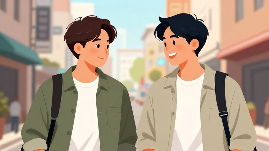 Illustration of two young friends laughing while nodding in agreement, casual streetwear, bright urban background