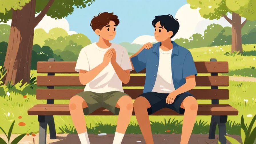 Illustration of two young men relaxing on a park bench, one clapping the other on the shoulder, casual streetwear, vibrant sunny day, illustrated style