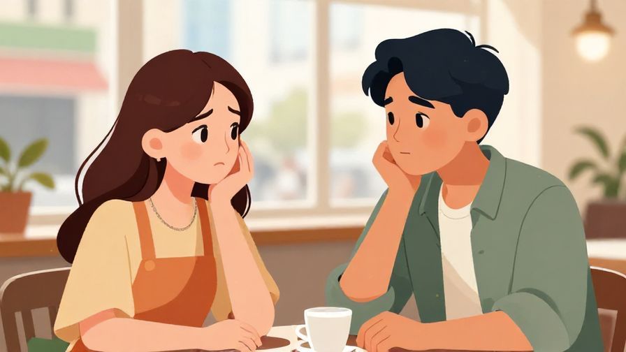 Illustration of two young people chatting informally, one looking concerned, the other nodding, bright city cafe background