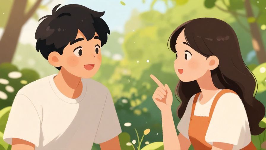 Illustration of two young people chatting outdoors on a sunny day, one speaking playfully with a slight tilt of the head, greenery in background