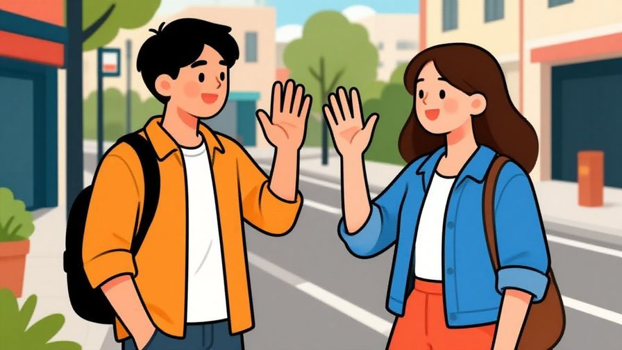 Illustration of two young people meeting casually on the street and greeting each other with a casual wave and smile, bright colors