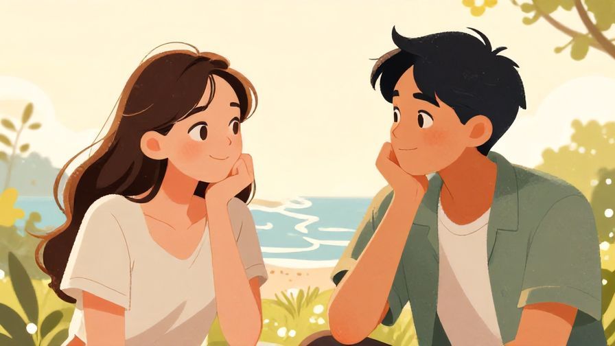 Illustration of two young people smiling and nodding in agreement, relaxed outdoor setting with sun rays and gentle waves