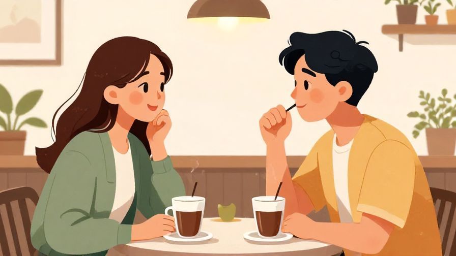 Illustration of two young people smiling and teasing each other playfully in a cozy café, bright and friendly atmosphere