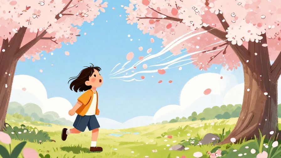 Illustration of whimsical, playful wind blowing cherry blossoms around a surprised person, lighthearted and colorful