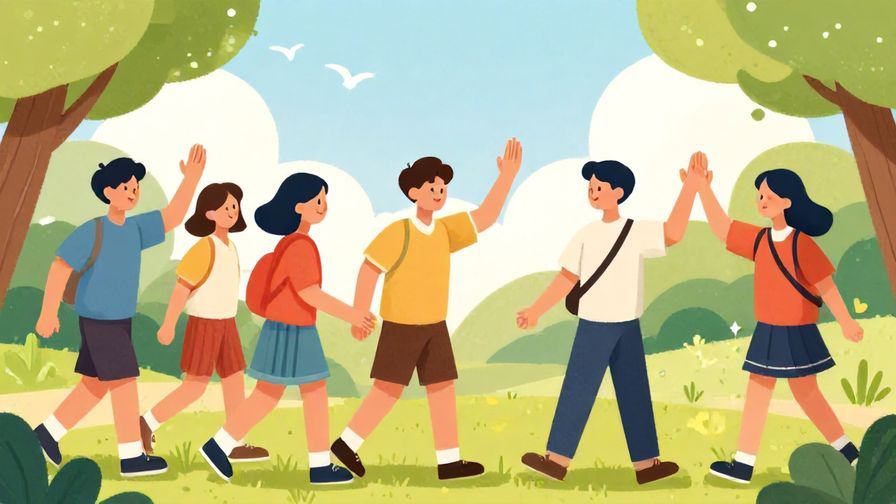 Illustration of young friends giving high-fives after a group activity, bright park setting