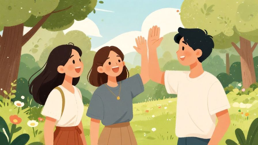 Illustration of young friends laughing and giving high-fives in a park, casual and lively atmosphere