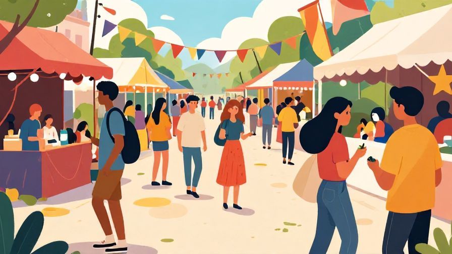 Illustration of young people hanging out at a street festival, casual atmosphere, lively and colorful