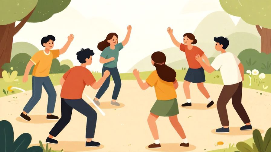 Illustration of young people playing a competitive game outdoors, casual clothes, cheerful yet competitive mood