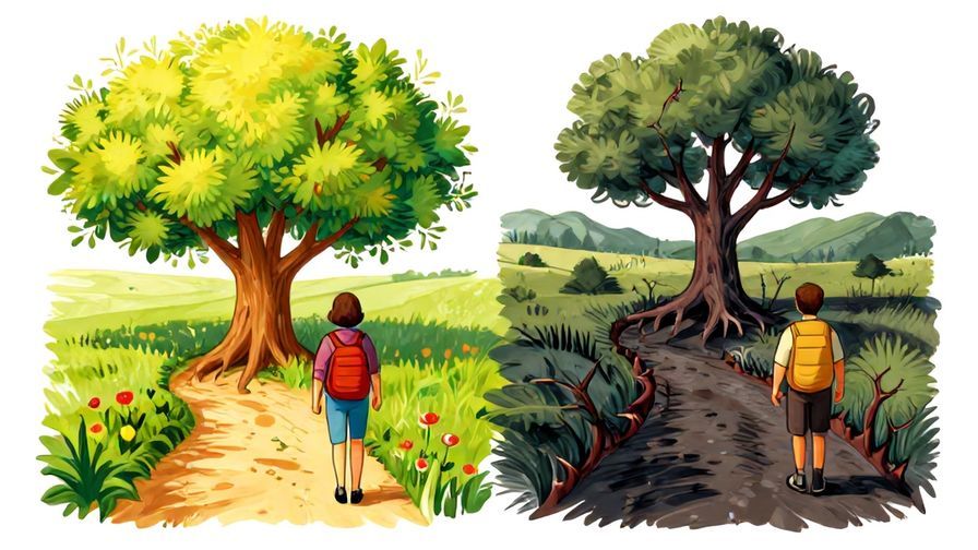 Illustration showing two paths diverging—one bright and flourishing, the other dark and thorny—each with a traveler choosing a path, vibrant colors, illustrated style