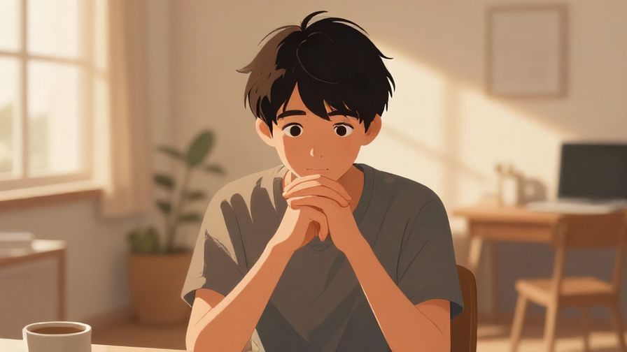 Illustration%20of a person sitting upright, eyes focused, hands folded, in a cozy room with gentle natural light