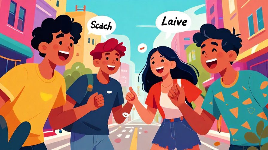 Illustration%20of teenagers laughing and using slangy rock paper scissors calls in a vibrant urban setting, dynamic colors, illustrated style