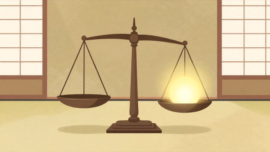 Illustration%20of%20a balanced scale with light shining on one side, elegant traditional Japanese room background, soft colors