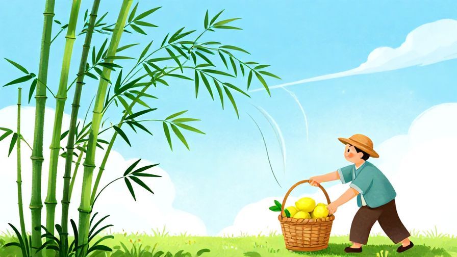 Illustration%20of%20a bamboo bending in the wind with a person adjusting a lemon basket, bright sky, vibrant colors, illustrated style
