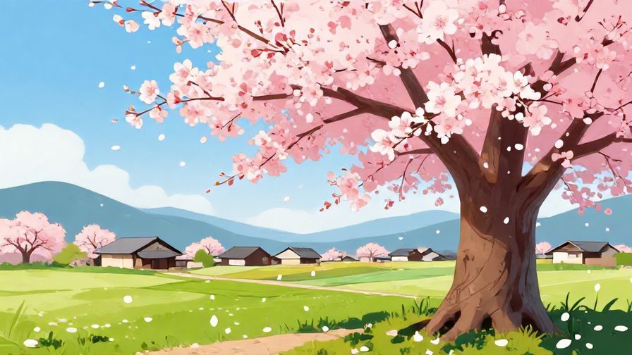 Illustration%20of%20a blooming cherry blossom tree with petals falling gently, traditional Japanese village background, vibrant colors, illustrated style