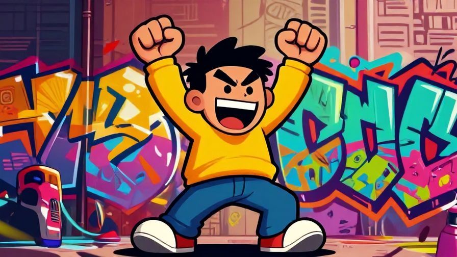 Illustration%20of%20a bold, energetic character pumping their fist in the air, graffiti-style urban background with bright colors
