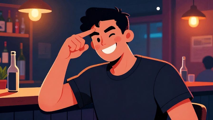 Illustration%20of%20a bold young man with a playful grin, forceful hand gesture, casual bar or street scene at night, vivid colors, illustrated style