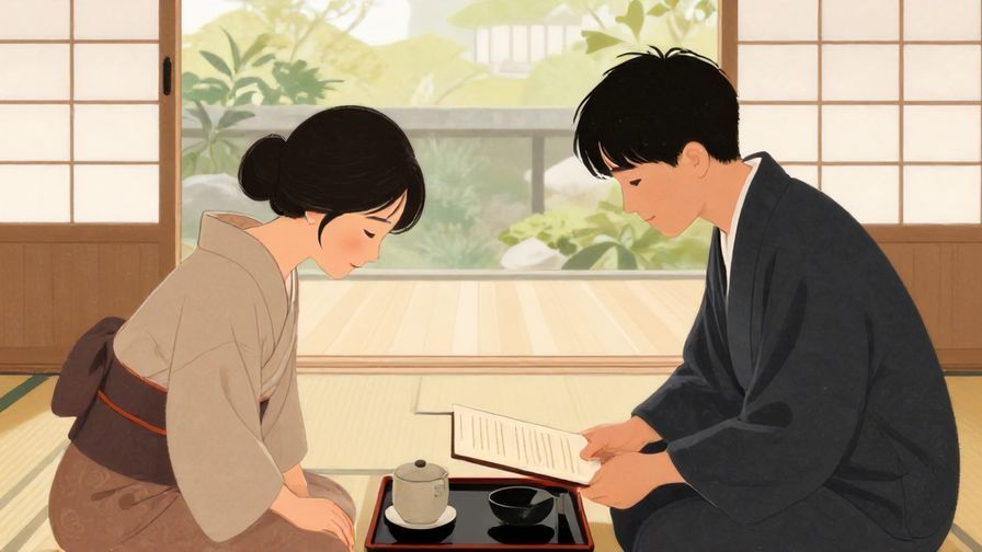 Illustration%20of%20a bowing customer%20politely%20asking%20to%20see%20the%20menu%20in%20a%20traditional%20Japanese%20tea%20house%2C%20soft%20natural%20light%2C%20illustrated%20style