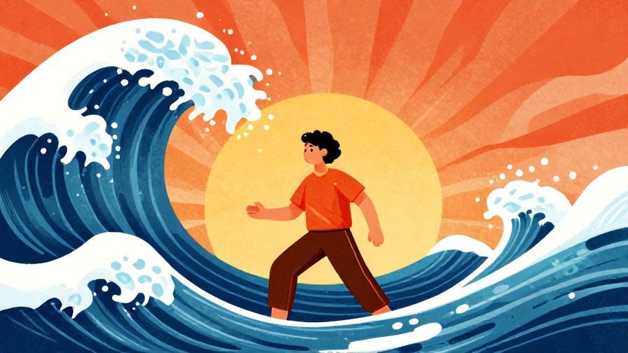Illustration%20of%20a brave person facing a large wave or storm with calm determination, vibrant colors, illustrated style