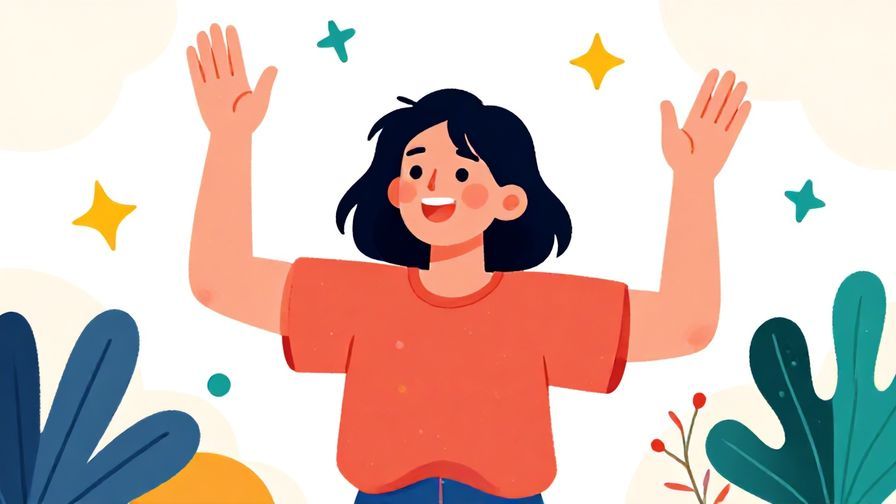 Illustration%20of%20a bright, carefree person throwing up hands in a casual setting, vibrant colors, illustrated style