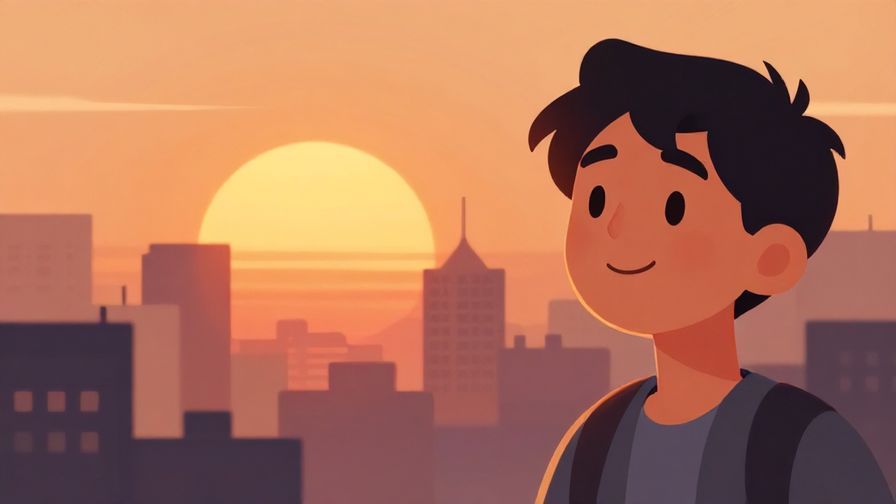 Illustration%20of%20a bright orange sun rising over a city skyline, early morning vibe, hopeful expression on a character’s face