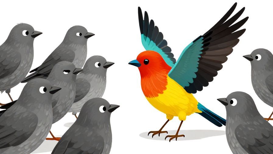 Illustration%20of%20a brightly%20colored%20bird%20among%20grey%20birds%2C%20some%20grey%20birds%20looking%20angry%20and%20one%20wing%20raised%20to%20hit%20the%20bright%20bird%2C%20dynamic%20scene%2C%20vibrant%20colors