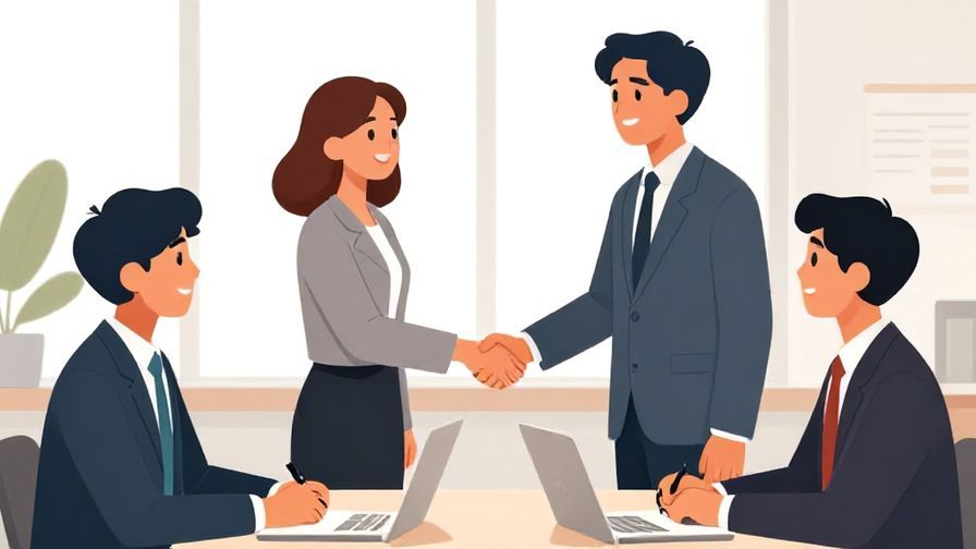 Illustration%20of%20a business meeting ending with people shaking hands and smiling, professional setting with bright lighting, illustrated style