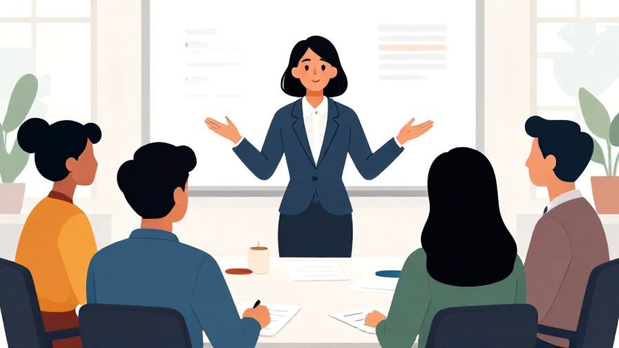 Illustration%20of%20a business meeting with a person confidently presenting, while others listen attentively, formal and clear atmosphere, detailed background, vibrant colors, illustrated style