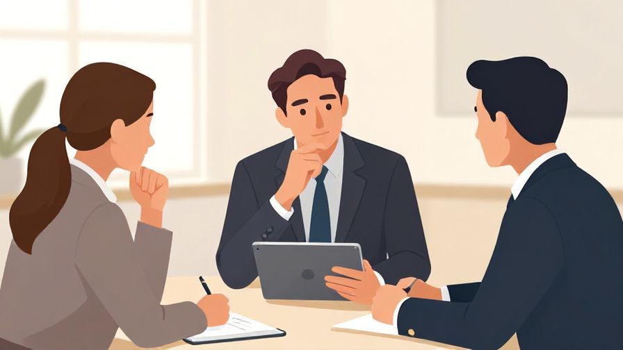 Illustration%20of%20a business meeting%2C a person thoughtfully considering options on a tablet%2C formal office setting%2C neutral colors%2C illustrated style