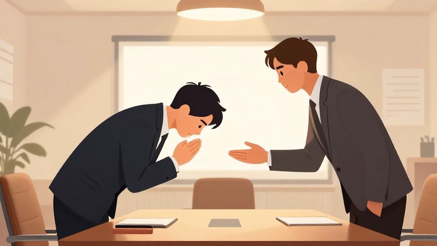 Illustration%20of%20a business person politely bowing and requesting cooperation, office conference room, warm lighting, illustrated style