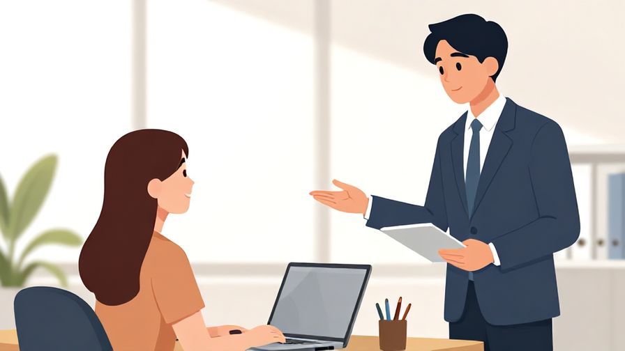 Illustration%20of%20a business person politely inquiring about another’s task, office setting, professional attire, bright lighting, illustrated style