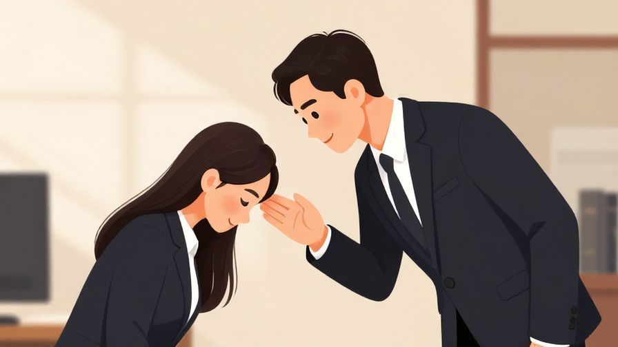 Illustration%20of%20a businessperson bowing politely with a respectful smile, elegant office background