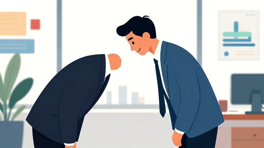 Illustration%20of%20a businessperson bowing slightly with a calm smile, modern office environment, detailed background, vibrant colors, illustrated style