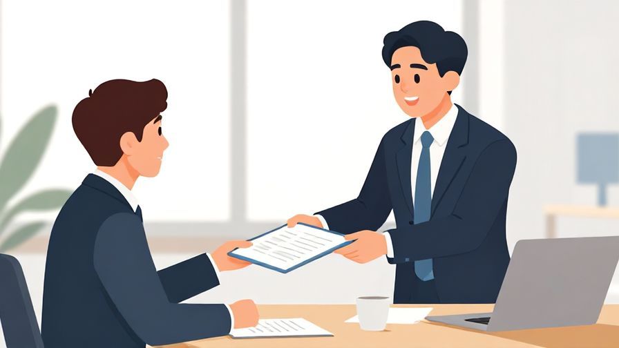 Illustration%20of%20a businessperson handing a document to another respectfully, polite expressions, bright meeting room