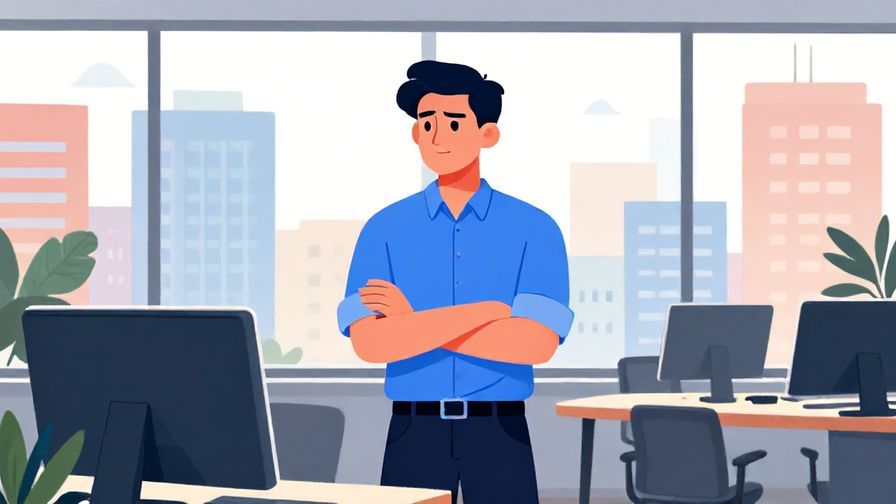 Illustration%20of%20a businessperson looking determined yet calm in an office setting, large windows with city view, vibrant colors, illustrated style