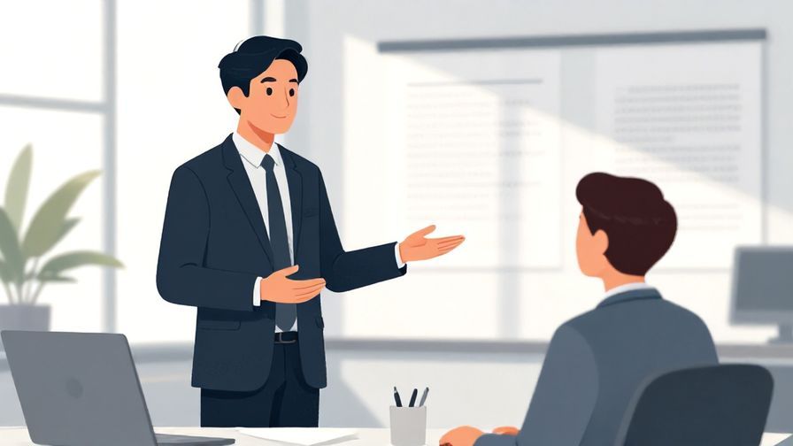 Illustration%20of%20a businessperson politely asking a colleague about their work, office background, professional atmosphere, bright lighting, illustrated style