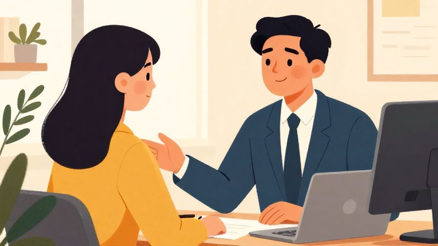 Illustration%20of%20a businessperson reassuring another with a calm smile, office setting with warm lighting and olive branches, vibrant colors, illustrated style