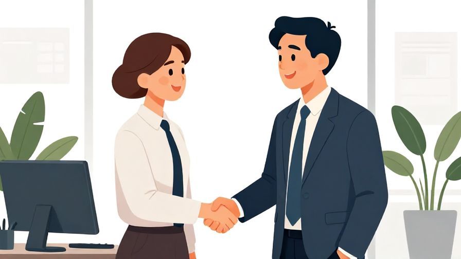 Illustration%20of%20a businessperson smiling kindly and shaking hands, office setting with plants, illustrated style