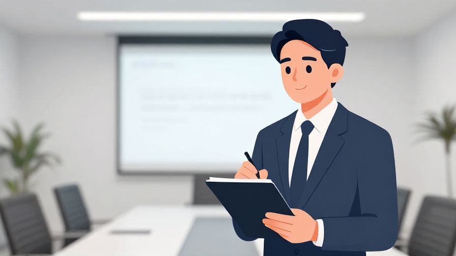 Illustration%20of%20a businessperson taking notes during a presentation, focused expression, modern conference room background