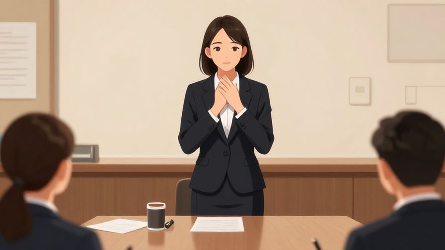 Illustration%20of%20a businesswoman finishing a speech with a polite nod, formal conference room setting