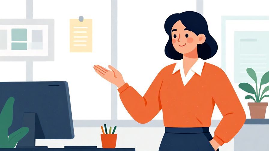 Illustration%20of%20a businesswoman introducing herself with a gentle smile%2c office background%2c vibrant colors%2c illustrated style