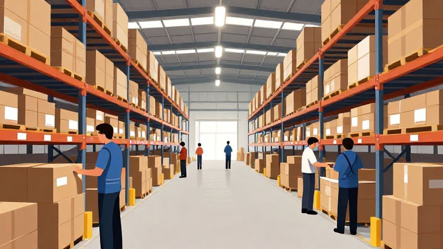 Illustration%20of%20a busy shipping warehouse with packages being prepared, workers focused, bright industrial lighting, illustrated style