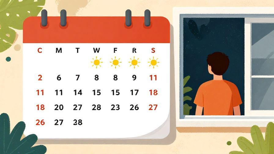 Illustration%20of%20a calendar%20showing%20a%20summer%20month%20with%20sunny%20icons%20and%20a%20person%20looking%20out%20a%20window%20reflectively%2C%20vibrant%20colors%2C%20illustrated%20style