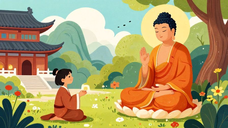 Illustration%20of%20a calm Buddha figure listening patiently to a small person giving a sermon, serene temple garden, vibrant colors, illustrated style